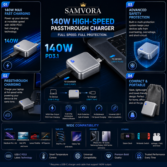 140W USB-C PD 3.1 Fast Charging Adapter – High-Speed Type-C Pass Through Charger for MacBook, Laptop, Tablet & Smartphone