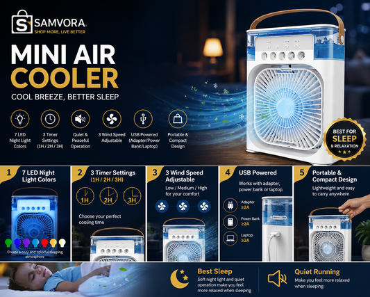 Portable USB Air Cooler Fan with 7-Color LED Night Light, Timer & Quiet Cooling for Home, Office & Bedroom