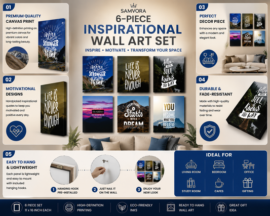 Inspirational Motivational Wall Art Canvas Set – 6 Piece Modern Quote Posters for Home &amp; Office Decor