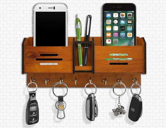 Wall Mounted Wooden Key Holder &amp; Mail Organizer with Hooks | Entryway Key Rack Storage Shelf for Home &amp; Office