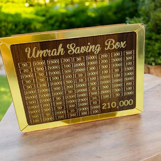 Umrah Saving Box Wooden Money Challenge Box – Reusable Islamic Savings Tracker with Acrylic Front | Hajj &amp; Umrah Fund Planner