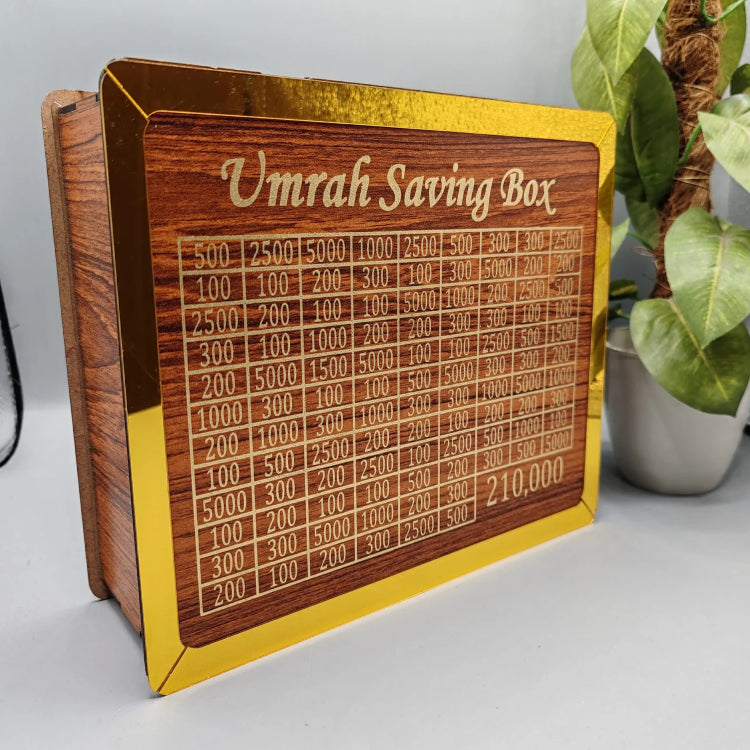 Umrah Saving Box Wooden Money Challenge Box – Reusable Islamic Savings Tracker with Acrylic Front | Hajj &amp; Umrah Fund Planner