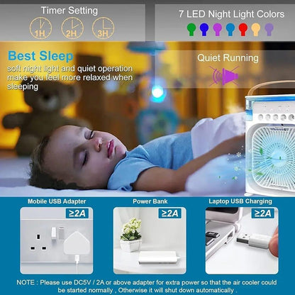 Portable USB Air Cooler Fan with 7-Color LED Night Light, Timer &amp; Quiet Cooling for Home, Office &amp; Bedroom