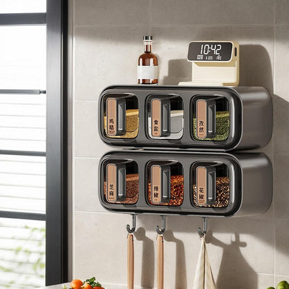 4 Grid Wall Mounted Spice Organizer Box – Multifunction Seasoning Storage Container with One-Touch Dispenser for Kitchen