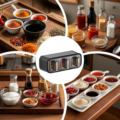 4 Grid Wall Mounted Spice Organizer Box – Multifunction Seasoning Storage Container with One-Touch Dispenser for Kitchen