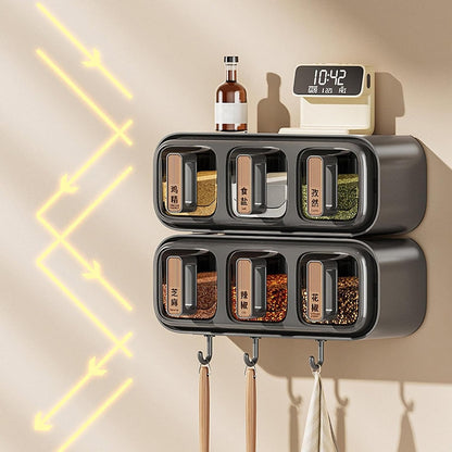 4 Grid Wall Mounted Spice Organizer Box – Multifunction Seasoning Storage Container with One-Touch Dispenser for Kitchen