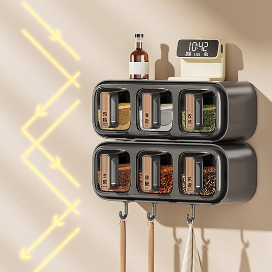 4 Grid Wall Mounted Spice Organizer Box – Multifunction Seasoning Storage Container with One-Touch Dispenser for Kitchen