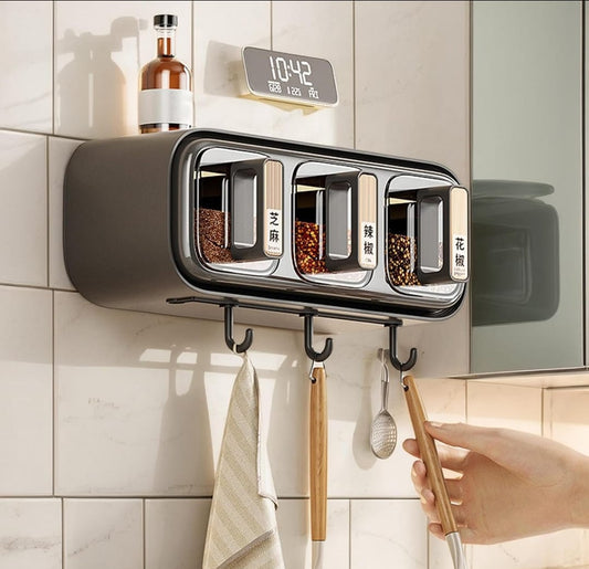 4 Grid Wall Mounted Spice Organizer Box – Multifunction Seasoning Storage Container with One-Touch Dispenser for Kitchen