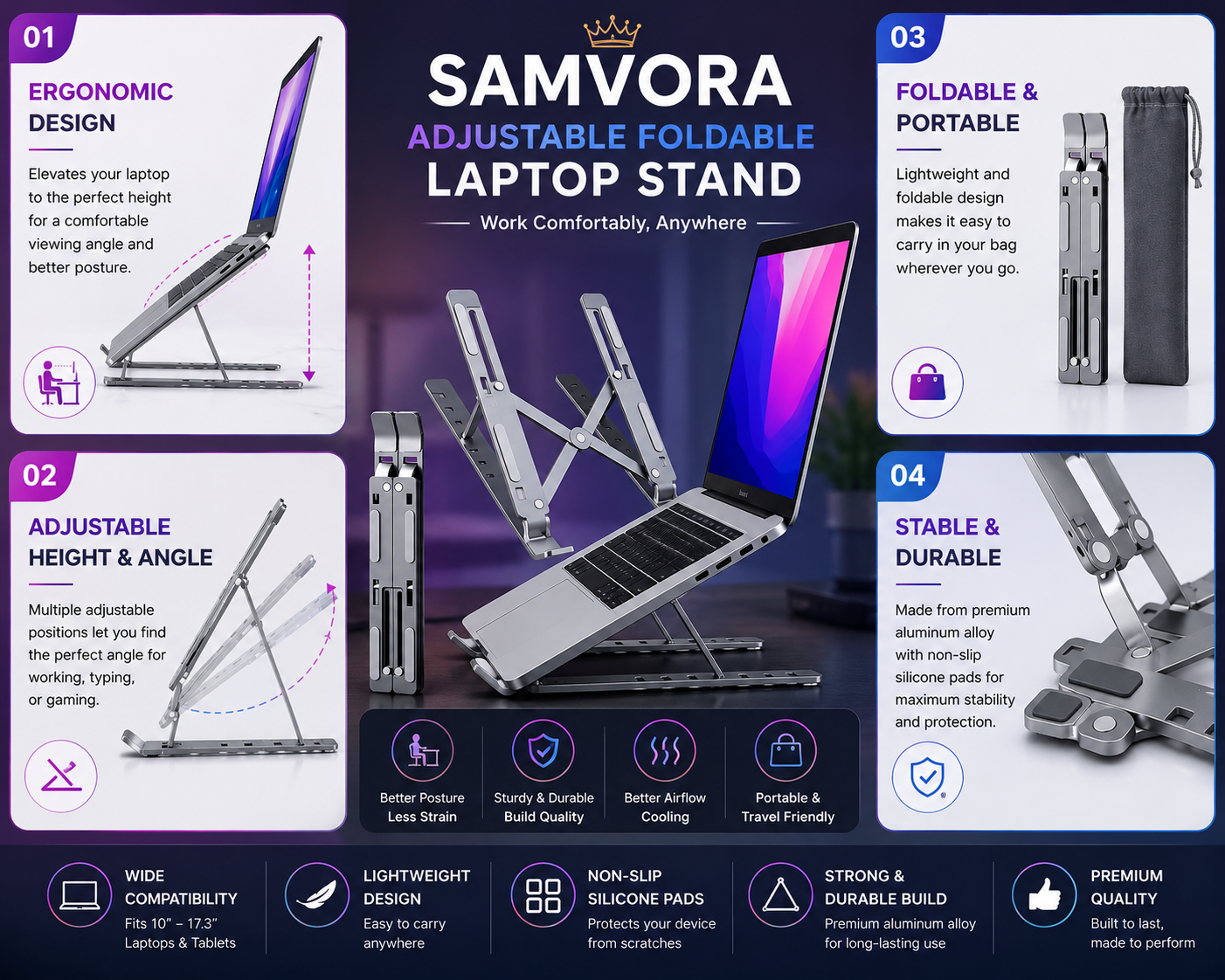 Adjustable Foldable Aluminum Laptop Stand – Portable Ergonomic Notebook Holder for MacBook, Laptop &amp; Tablet