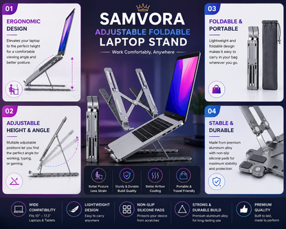Adjustable Foldable Aluminum Laptop Stand – Portable Ergonomic Notebook Holder for MacBook, Laptop &amp; Tablet