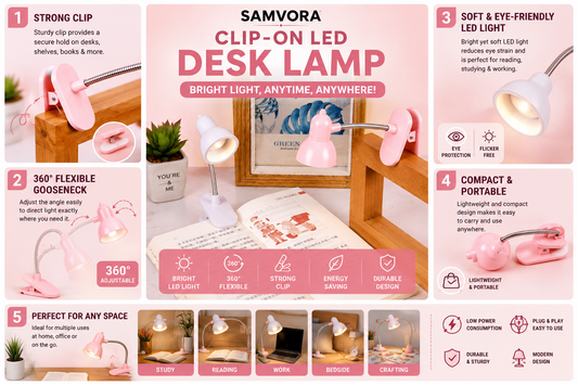 360° Flexible Clip-On LED Reading Lamp – Portable Mini Desk Light for Study, Bedside & Laptop