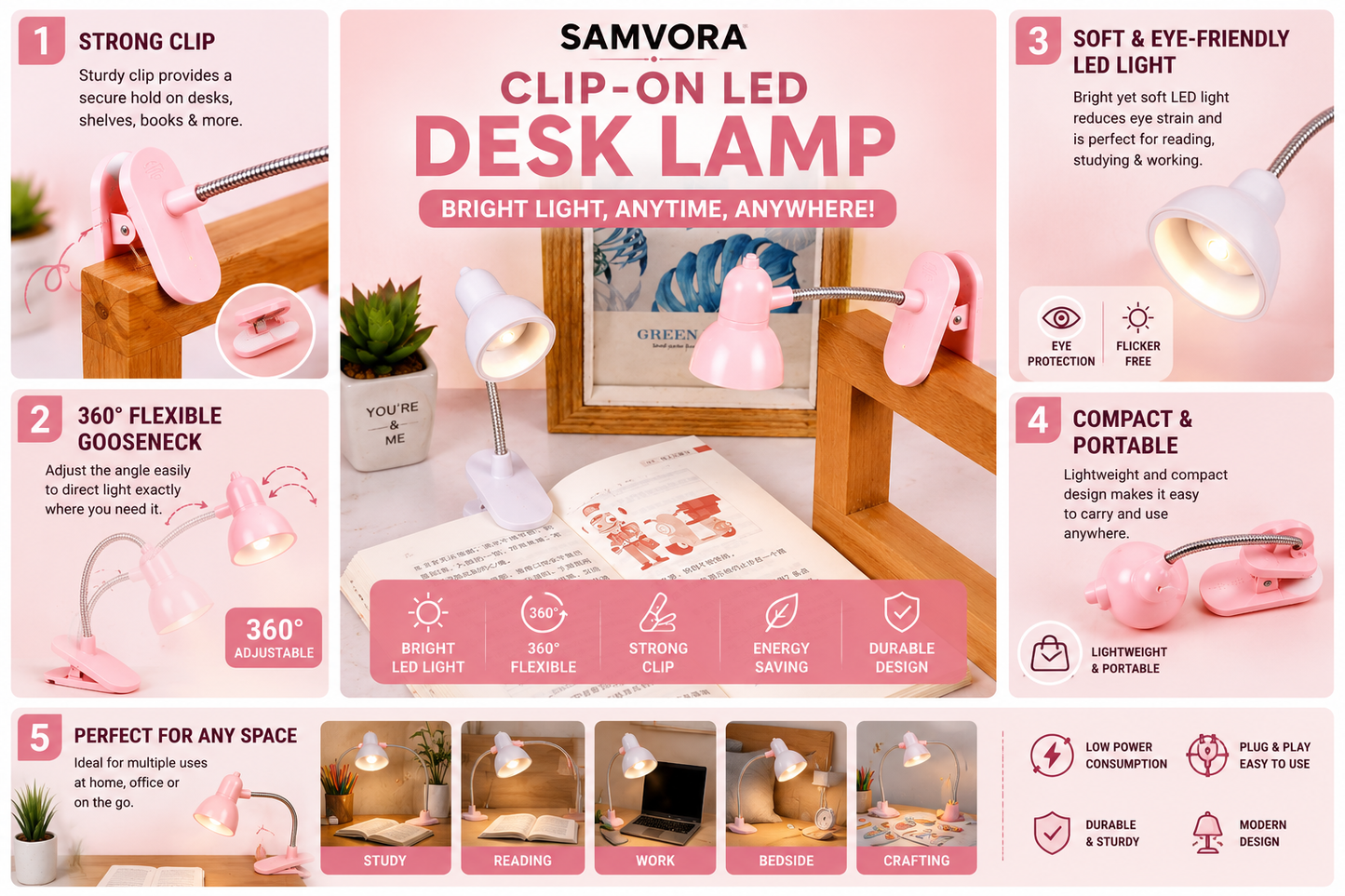 360° Flexible Clip-On LED Reading Lamp – Portable Mini Desk Light for Study, Bedside &amp; Laptop