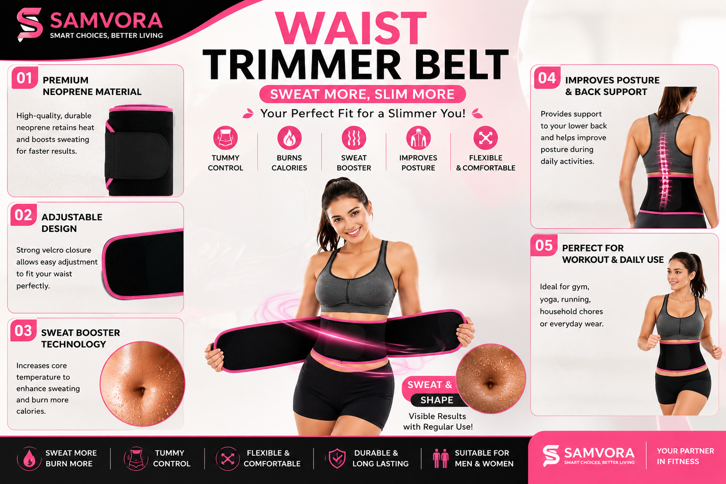 Waist Trimmer Belt for Men & Women | Adjustable Sweat Belt for Tummy Control & Workout Support