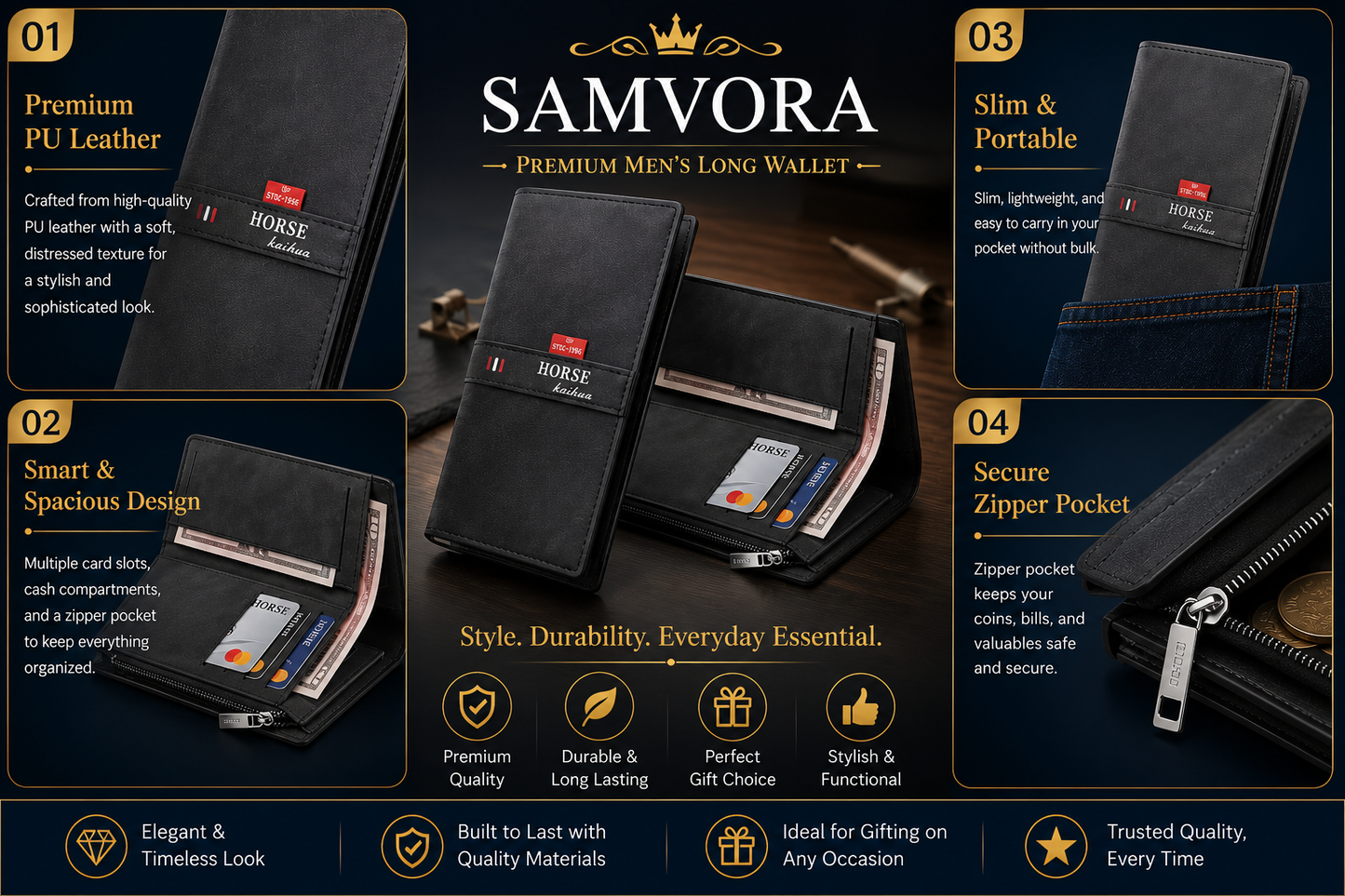 Premium Men's Long Wallet – PU Leather Bifold Clutch Wallet with Card Holder, Cash Compartments &amp; Zipper Pocket