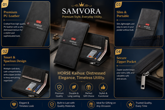 Premium Men's Long Wallet – PU Leather Bifold Clutch Wallet with Card Holder, Cash Compartments &amp; Zipper Pocket