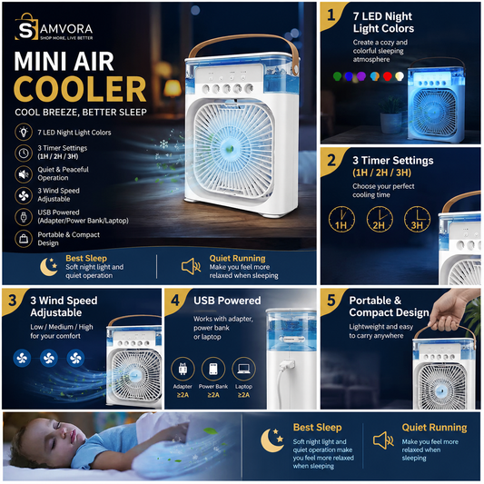 Portable USB Air Cooler Fan with 7-Color LED Night Light, Timer &amp; Quiet Cooling for Home, Office &amp; Bedroom