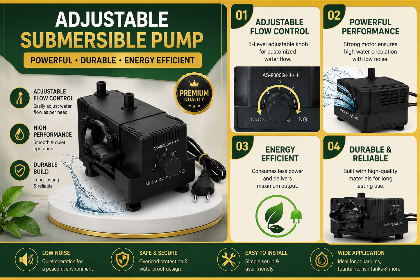 Adjustable Submersible Water Pump – Multi-Speed Aquarium, Fountain &amp; Fish Tank Water Pump
