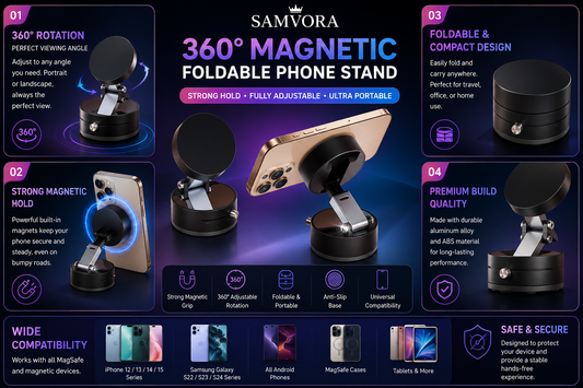 360° Magnetic Foldable Phone Stand – Adjustable Desktop Mobile Holder for iPhone, Android &amp; MagSafe Devices