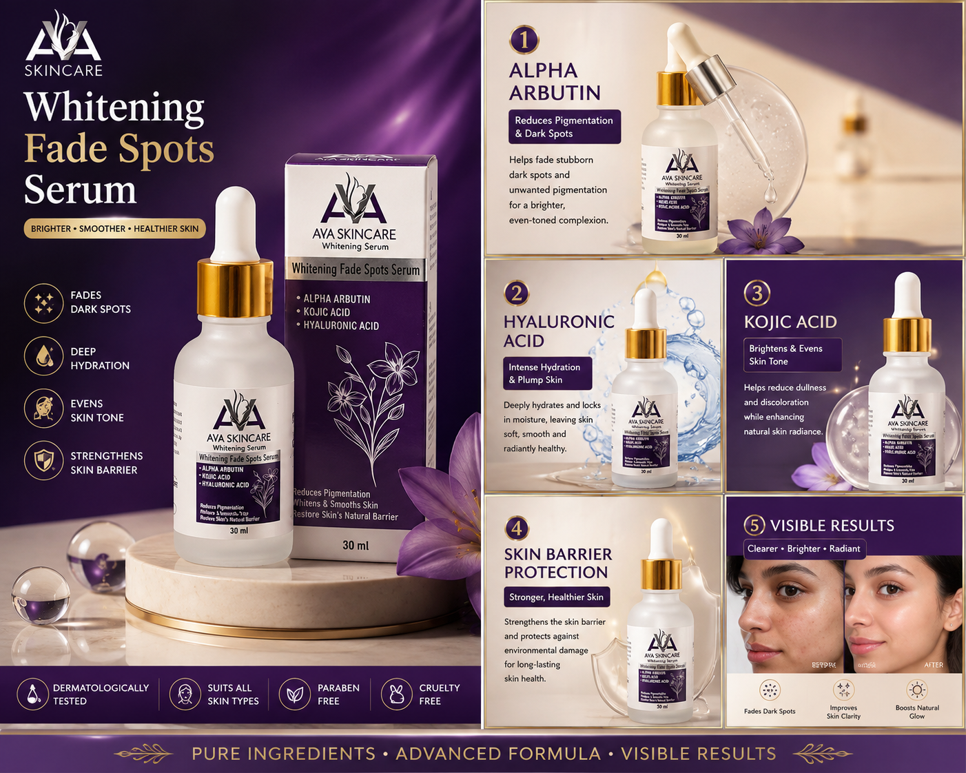 AVA Skincare Whitening Fade Spots Serum 30ml – Alpha Arbutin, Kojic Acid &amp; Hyaluronic Acid for Dark Spots, Pigmentation &amp; Brightening Skin
