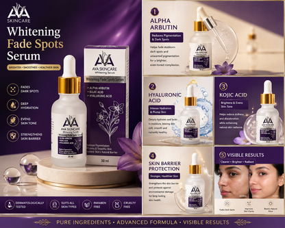 AVA Skincare Whitening Fade Spots Serum 30ml – Alpha Arbutin, Kojic Acid &amp; Hyaluronic Acid for Dark Spots, Pigmentation &amp; Brightening Skin