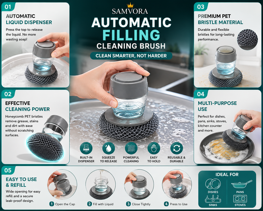 Automatic Soap Dispensing Dish Cleaning Brush – Refillable Kitchen Scrubber with Liquid Dispenser for Dishes, Pots &amp; Pans