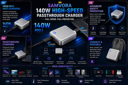 140W USB-C PD 3.1 Fast Charging Adapter – High-Speed Type-C Pass Through Charger for MacBook, Laptop, Tablet &amp; Smartphone