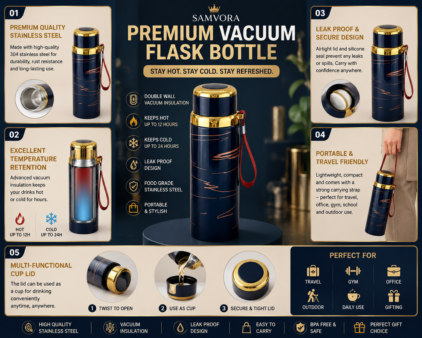Premium Stainless Steel Vacuum Flask Bottle – Double Wall Insulated Hot &amp; Cold Water Bottle with Carry Strap | Leakproof Travel Thermos