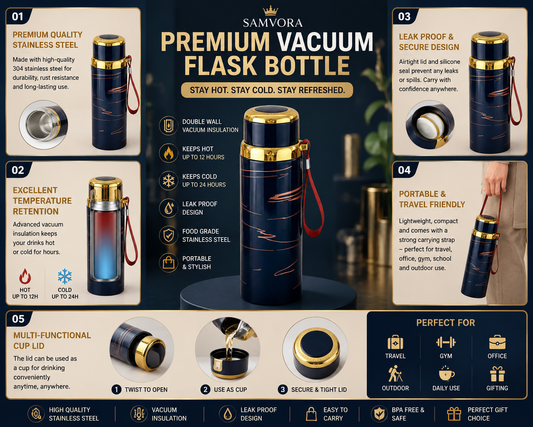 Premium Stainless Steel Vacuum Flask Bottle – Double Wall Insulated Hot &amp; Cold Water Bottle with Carry Strap | Leakproof Travel Thermos