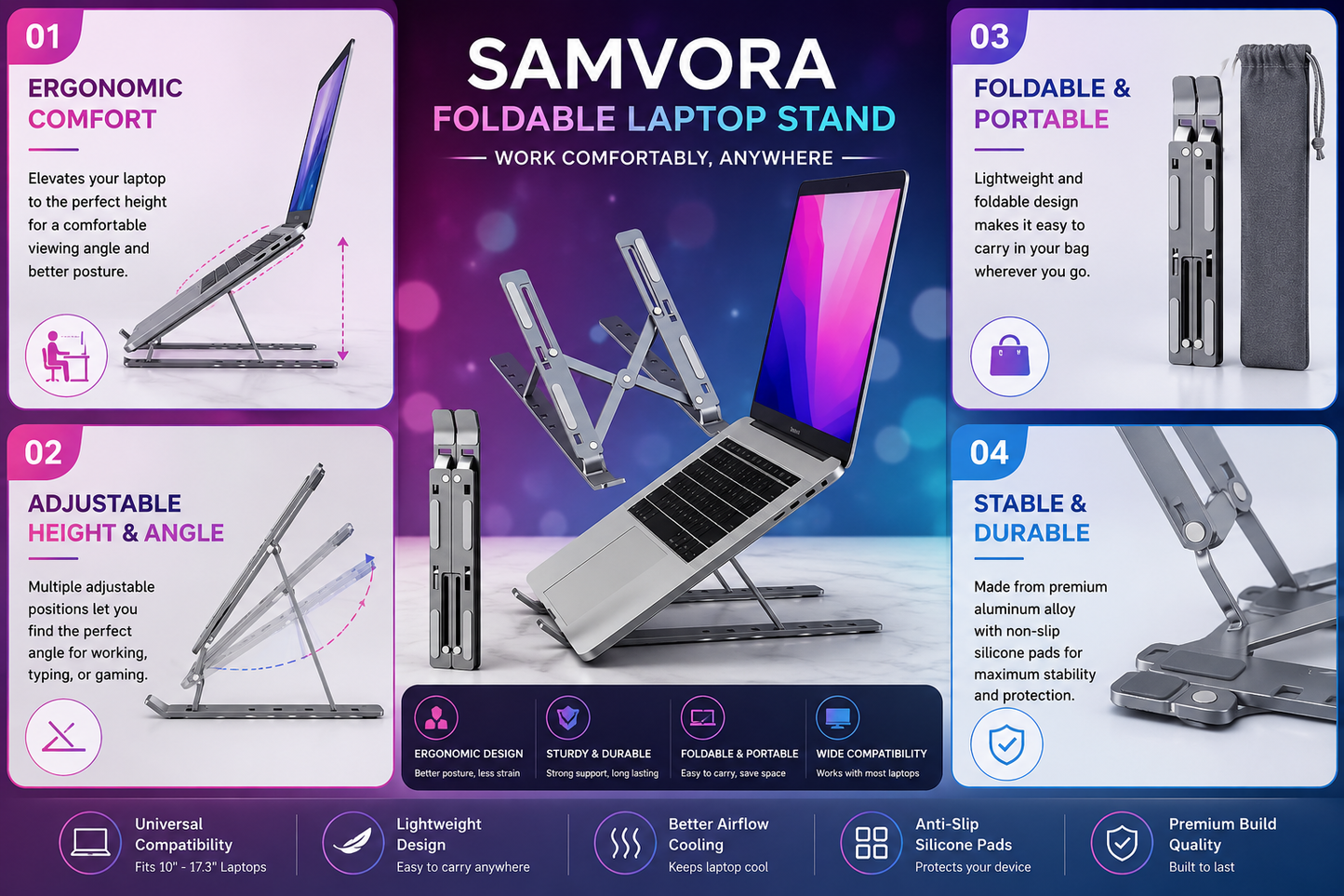Adjustable Foldable Aluminum Laptop Stand – Portable Ergonomic Notebook Holder for MacBook, Laptop &amp; Tablet