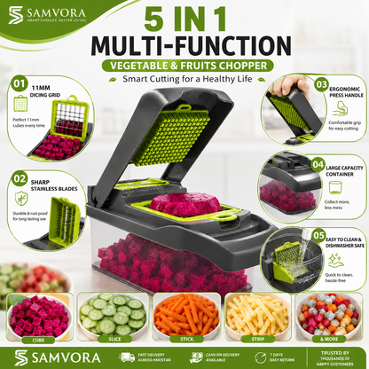 5 in 1 Multifunction Vegetable & Fruit Chopper with Container | Manual Vegetable Cutter & Dicer | Kitchen Food Chopper