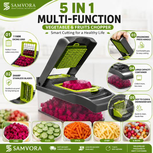 5 in 1 Multifunction Vegetable & Fruit Chopper with Container | Manual Vegetable Cutter & Dicer | Kitchen Food Chopper