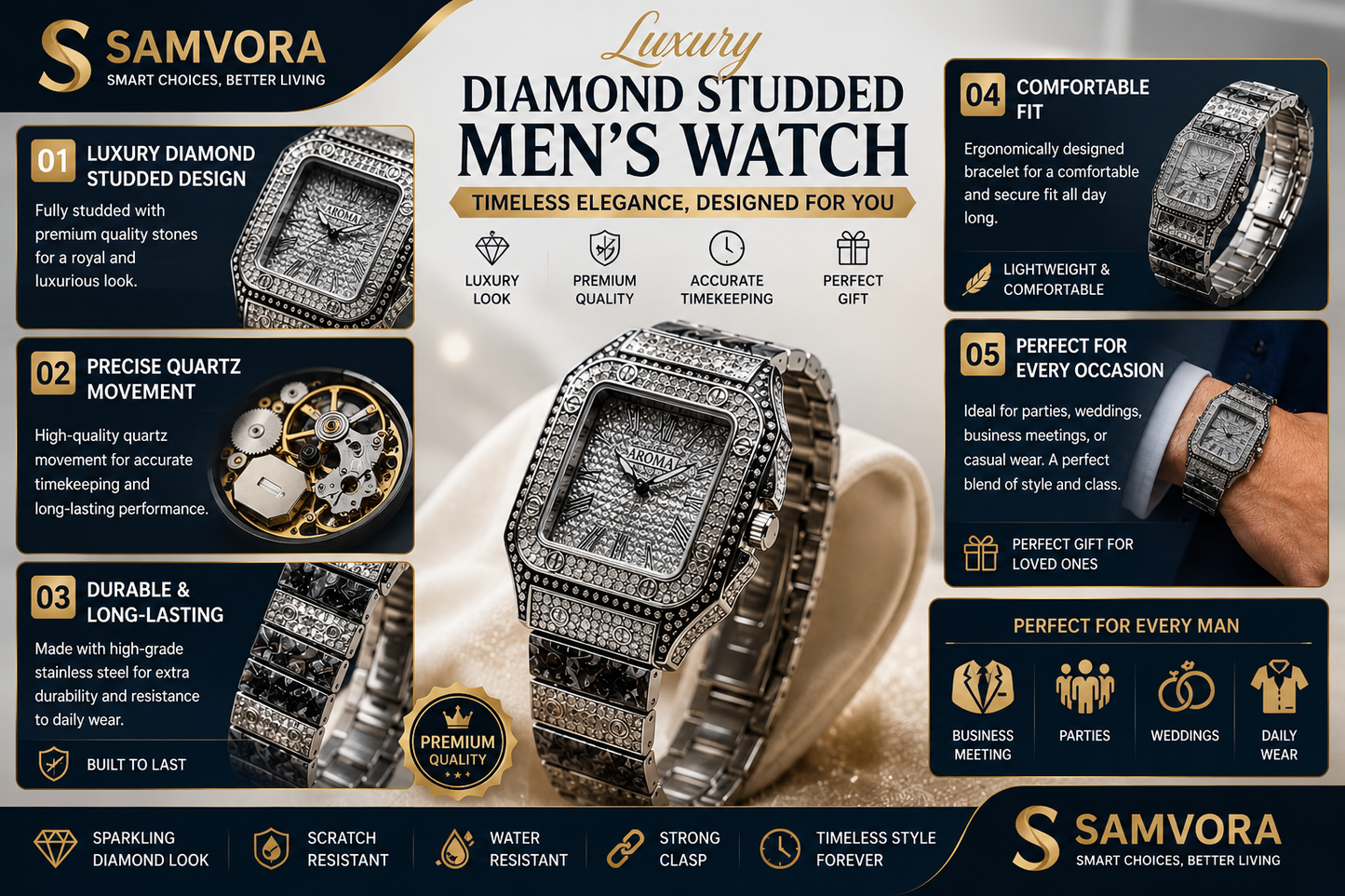 Luxury Diamond Studded Men's Analog Watch | Premium Stainless Steel Quartz Wrist Watch