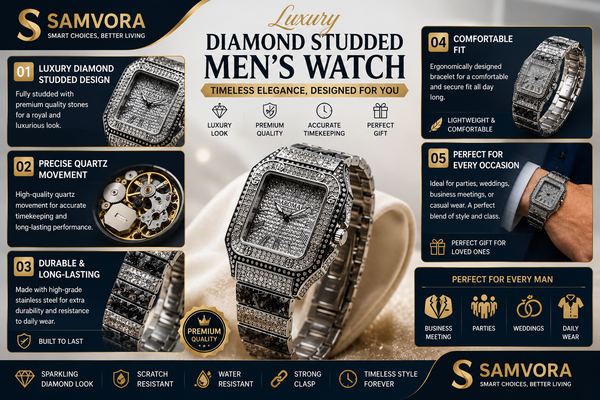 Luxury Diamond Studded Men's Analog Watch | Premium Stainless Steel Quartz Wrist Watch